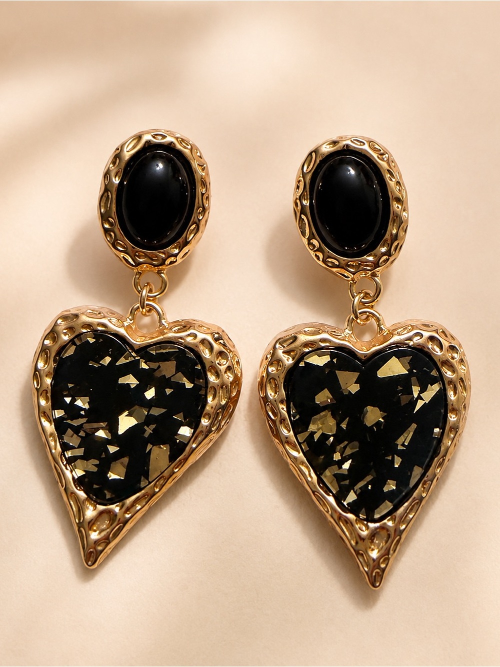 Black Glitter Heart Statement Earrings